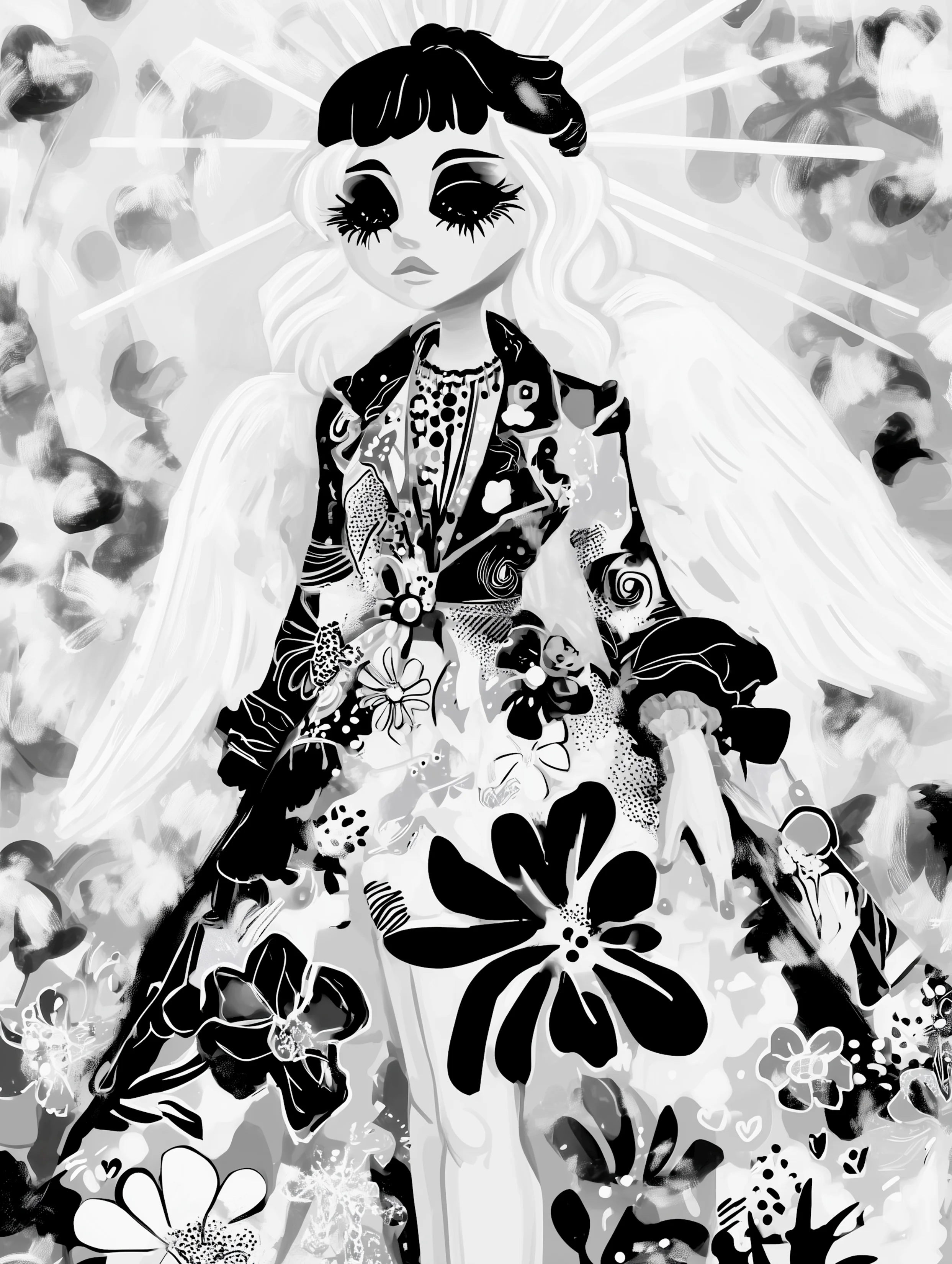 Free printable angel coloring page for adults featuring outward glowing halo angel